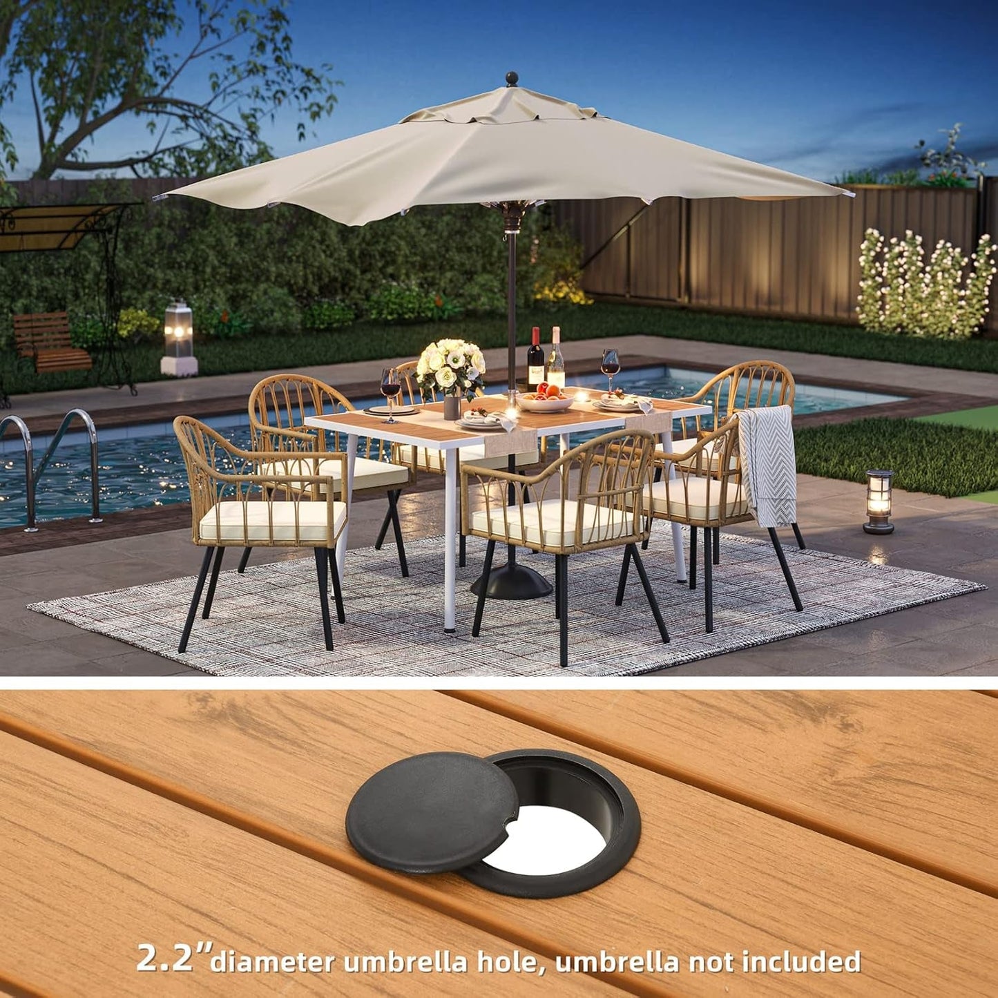 8 Pieces Outdoor Patio Dining Set with Wicker Patio Dining Chair, Backless Bench & Table with Umbrella Hole, Garden Dining for Patios, Backyard, Balcony, Lawn-3