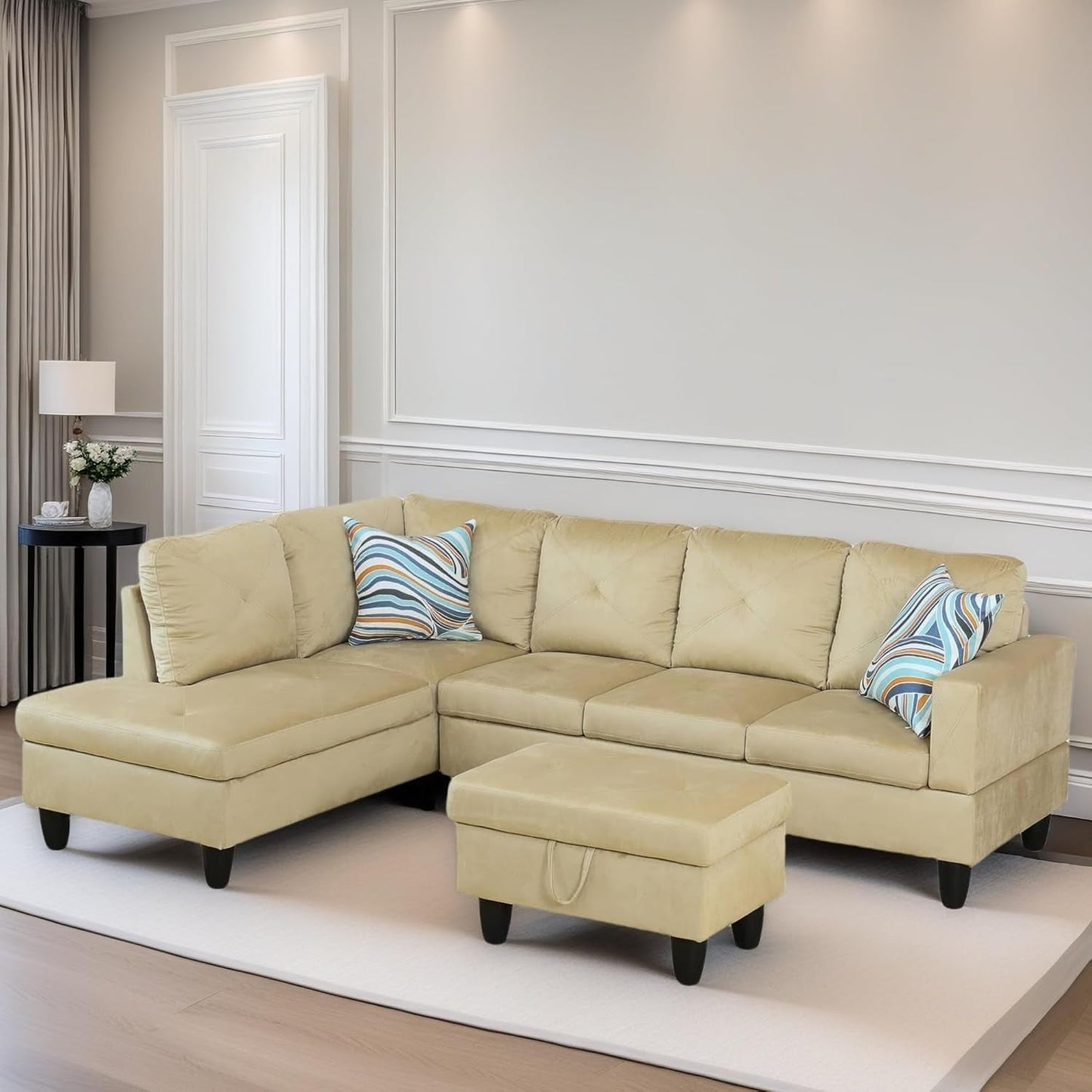 L Shaped Sectional Couch Sofa, Modern Couches for Living Room, Comfy 4 Seat Modular Sectional Sofa with Ottoman Storage for Bedroom Apartment, Beige-2