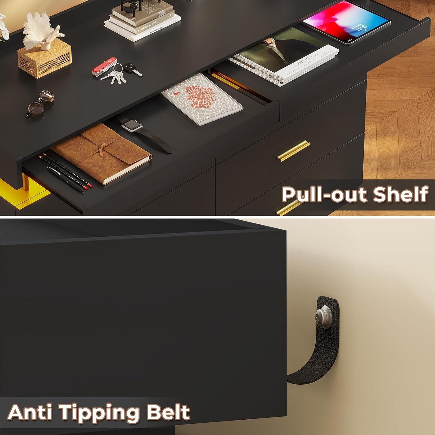 LED Dresser with 2 Pull-Out Tray, 6 Drawer Dresser, 47.2" Long Wide Chest of Drawers, Modern TV Stand Storage Organizer, Double Dressers for Bedroom, Living Room, Hallway, Black-4