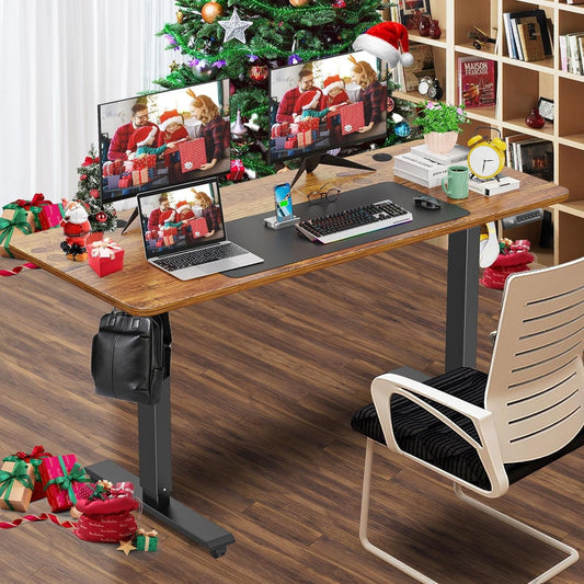 Electric Standing Desk Adjustable Height, 55 X 24 Inch Sit Stand up Desk with Large Mouse Pad, Double Metal Hook,4 Wheels,4 Memory Preset Heights Home Office Computer Desk(Brown)-1