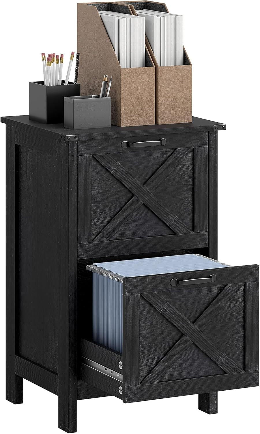 2 Drawer Vertical File Cabinet with Silent Slides, Rustic Farmhouse Filing Cabinet with Barn Doors for A4/Letter Size, Printer Stand with Storage for Home Office, Distressed Black-0