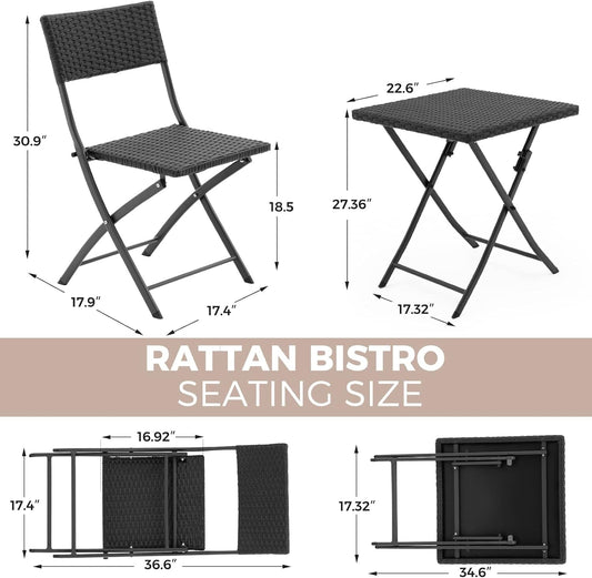 Rattan Patio Bistro Set, 3 Piece Foldable Outdoor Patio Furniture Sets, with Folding Table and Two Chairs, for Garden, Backyard, Pool, Lawn, Porch, Balcony, All Weather Rattan Style (Black)-1