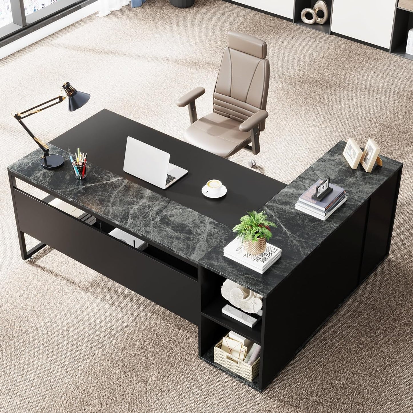 71 Inch Executive Desk, L Shaped Desk with Cabinet Storage, Executive Office Desk with Shelves, Business Furniture Desk Workstation for Home Office, Black-2