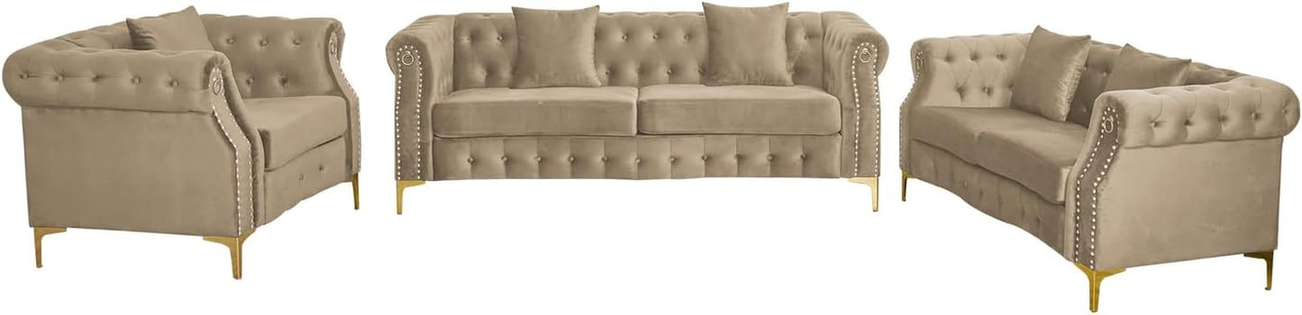 3 Piece Living Room Set, Mid-Century Style Sofa,Button Tufted Armchair Loveseat Couch with Square Pillows and Nailhead Trim for Living Room Beige-0