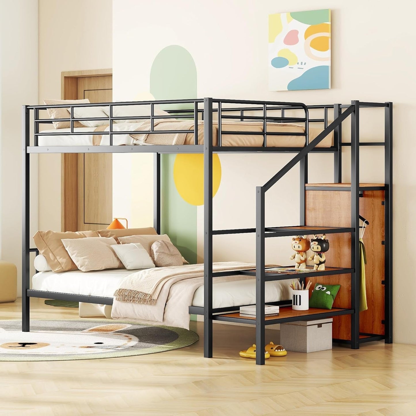 Full over Full Metal Bunk Bed,Bunk Bed with Storage Stairs and Wardrobe, Bunk Bed for Adults/Kids/Teens, Bunk Bed for School, Bedroom, Black-0