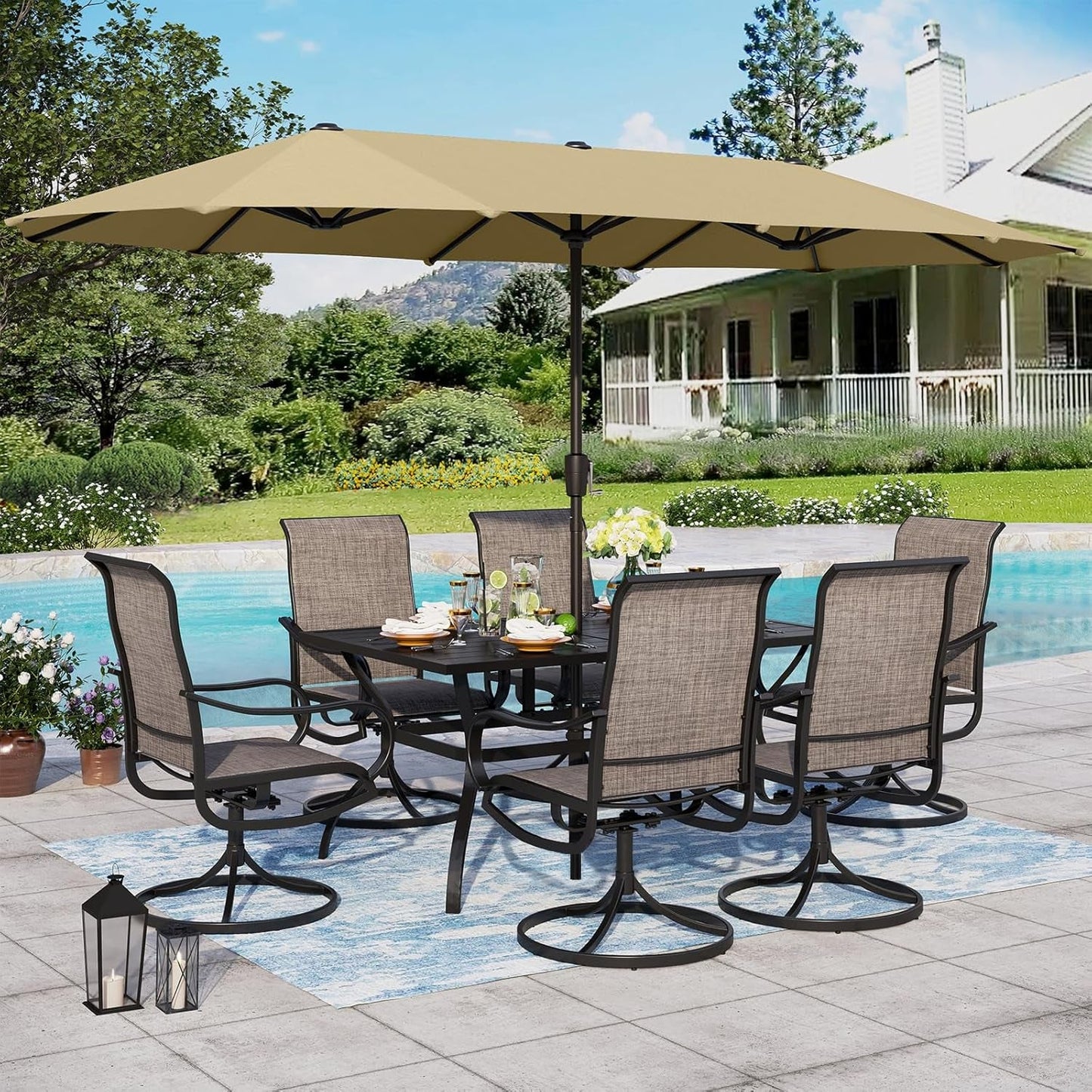 Patio Set with Umbrella 8 Pieces Outdoor Dining Set for 6 with 13Ft Double-Sided Patio Umbrella Beige, 6 X Swivel Patio Chairs, 1 Metal Table for Lawn Garden-0