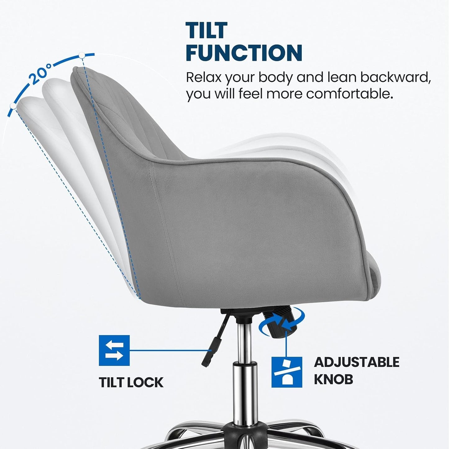 Modern Velvet Desk Chair Vanity Chair Height-Adjustable Swivel Computer Chair for Makeup Room Living Room Bedroom Soft Upholstered Office Chair Light Gray-3