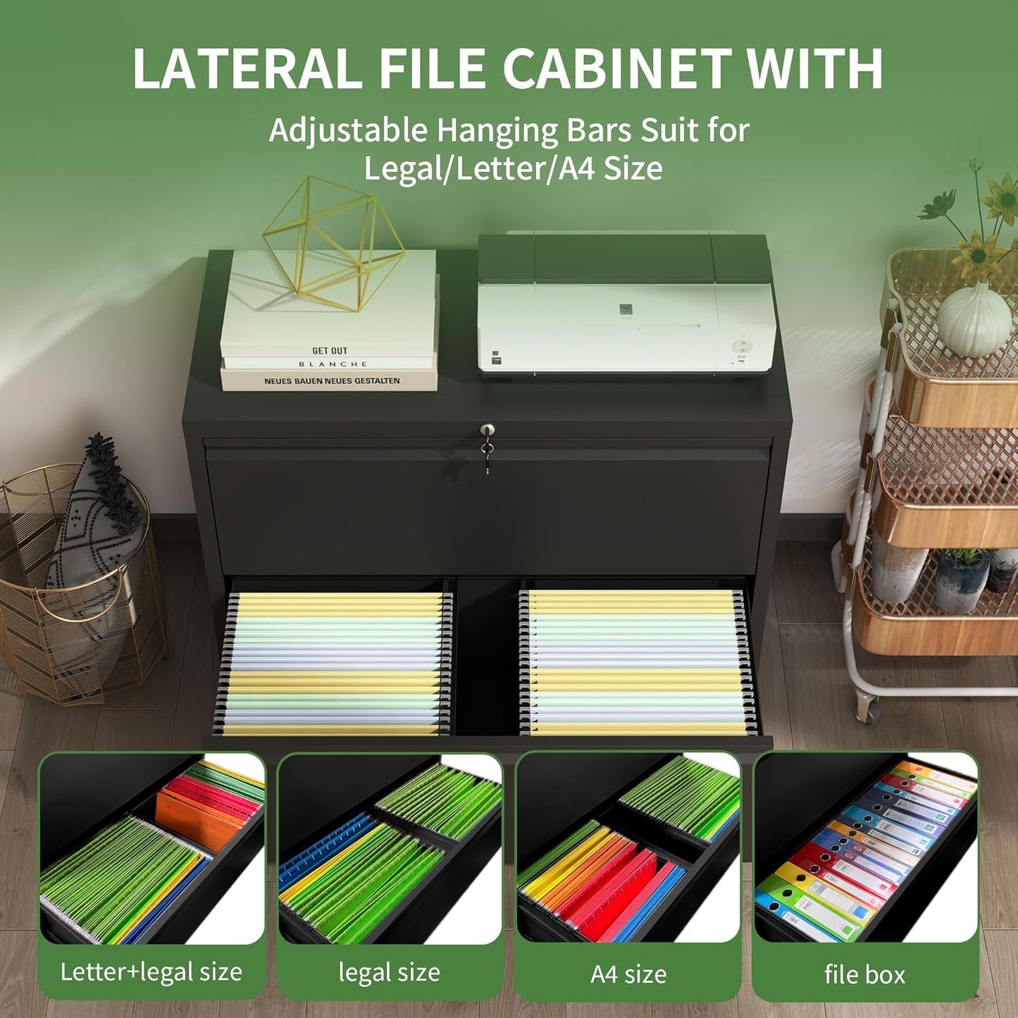 Lateral File Cabinet with Lock,2 Drawer Metal Filing Cabinets, Home Office Storage Cabinet for Hanging Files Letter/Legal/F4/A4 (Black)-4