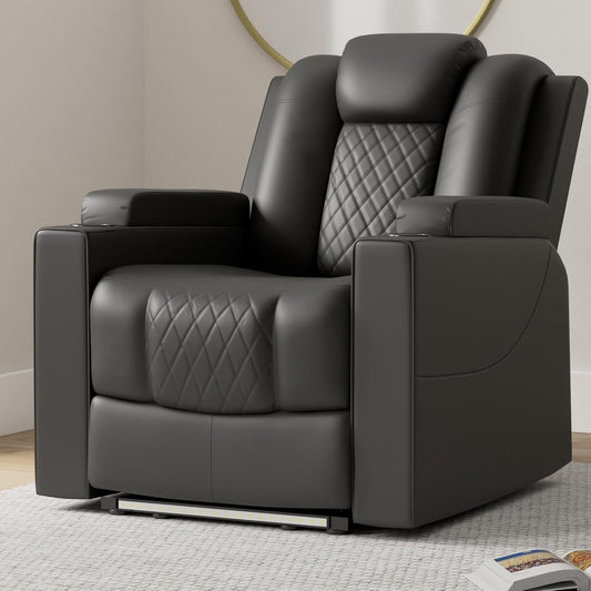 Power Recliner Chair PU Leather Electric Massage Recliner Sofa for Living Room Home Theater Seating with Cup Holders and LED Lighting (Black)-1