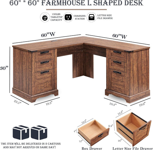 60" Farmhouse L Shaped Executive Desk with Drawers, Wood Home Office Corner Desk with Charging Station, File Drawer, Storage Cabinet, Rustic Computer Writing Desk (Reclaimed Barnwood)-1