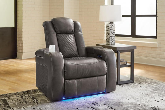 Fyne-Dyme Contemporary Faux Leather Power Recliner with Adjustable Headrest, Cup Holders and LED Lighting, Black & Gray-1