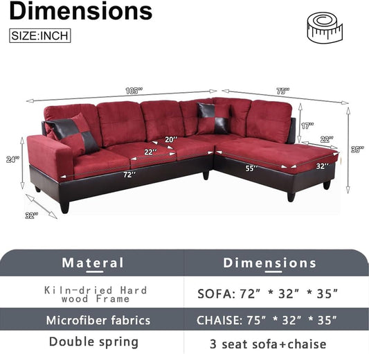 2 Pieces Sectional Sofa Sets, L-Shape Sofa Microfiber Couch Living Room Sofa Set with Chaise Using for Living Room Furniture(A-Red, Right Hand Facing)-1