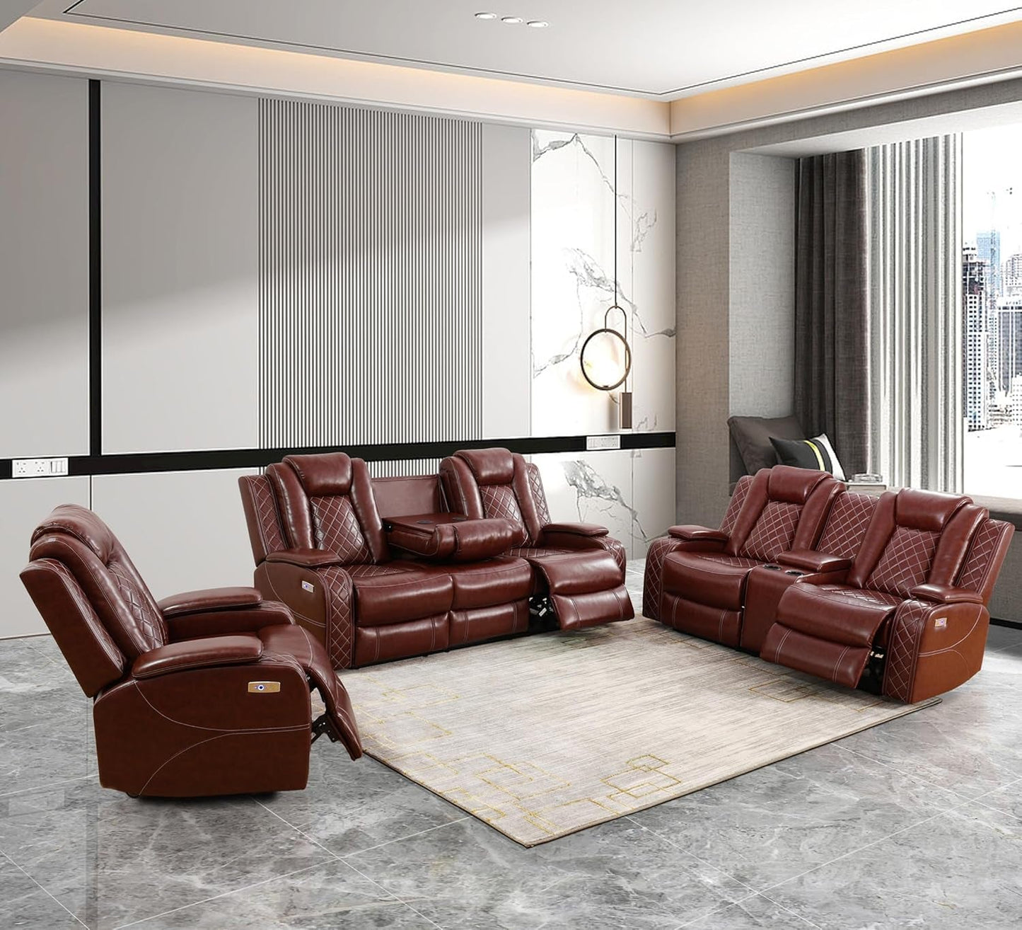 Power Recliner Sofa Set with LED, Leather Reclining Sofa Set, Living Room Furniture Set with USB Charging (3 Pieces Leather Couch Set, Garnet)-0