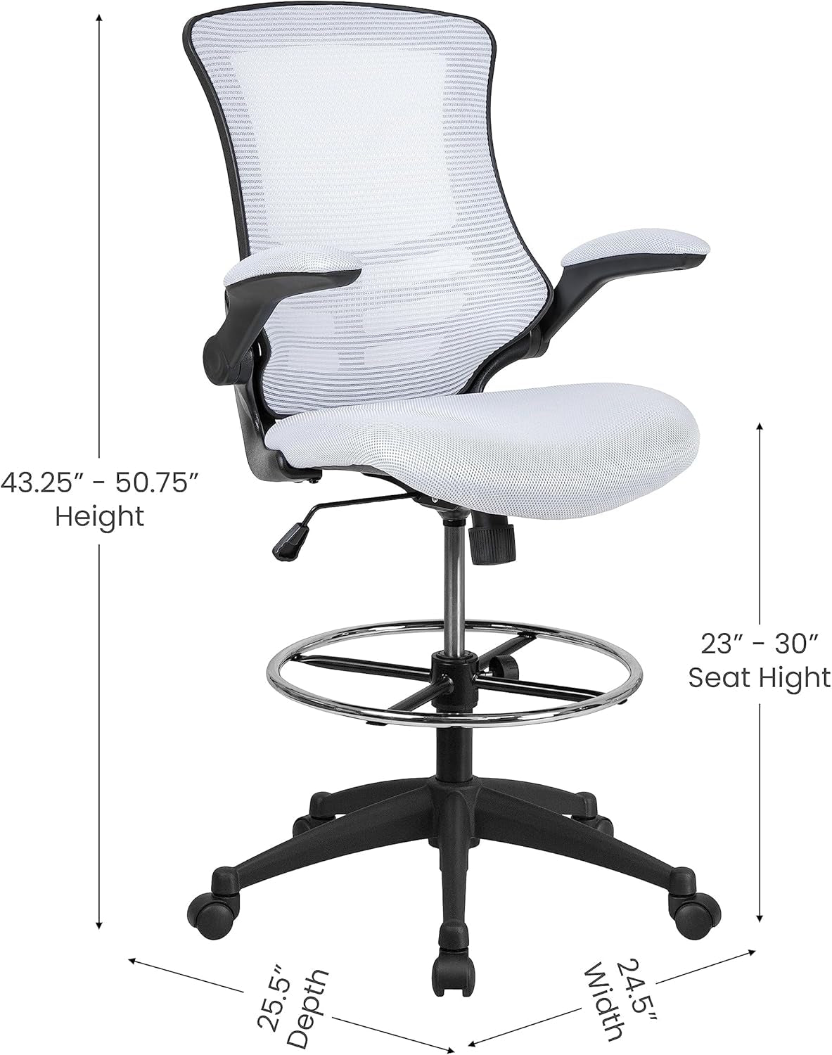 Kelista Mid-Back White Mesh Ergonomic Drafting Chair | Adjustable Foot Ring, Flip-Up Arms | Comfort and Productivity-2