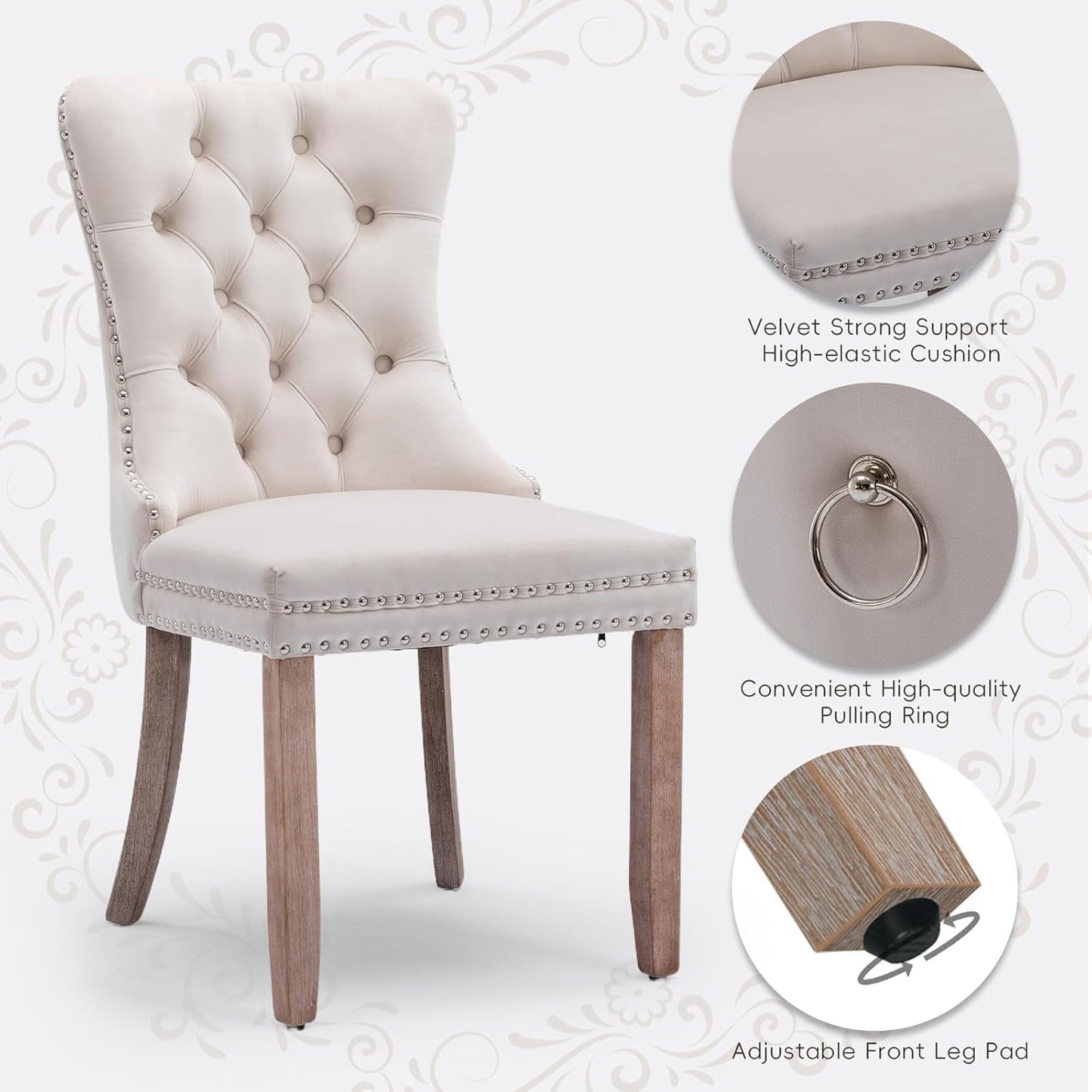 Velvet Upholstered Dining Chairs Set of 4, Modern Style Kitchen Side Chairs with Nailhead Trim and Wood Legs,Metal Pulling Ring for Dining Room Living Room(Beige,Set of 4)-4