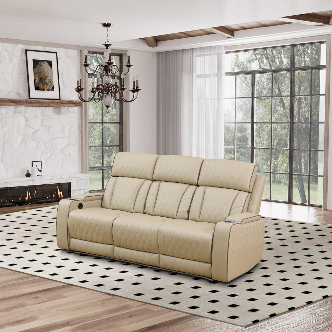 Power Reclining Sofa Set, Living Room Furniture Set with USB Ports, Leather Recliner Couches Set for Living Room/Apartment/Office/Home Theather (Khaki, Sofa+Loveseat+Chair)-4