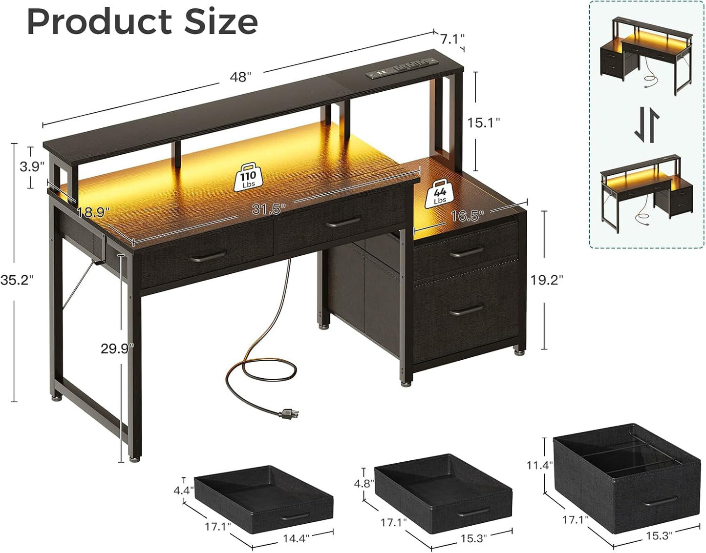 48-Inch Computer Desk with Power Outlets and LED Lights, Gaming Desk with 4 Fabric Drawers, Reversible Office Desk with Monitor Stand, Writing/Study Table for Home, Black-2