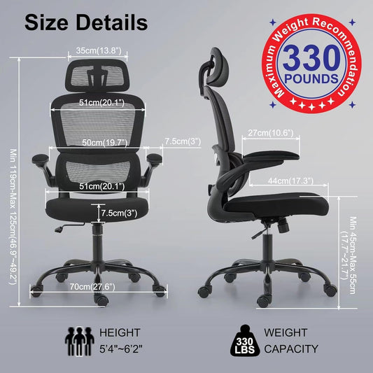 Office Chair Ergonomic Desk Chair, 330 LBS Home Mesh Office Desk Chairs with Wheels, Comfortable Gaming Chair, High Back Office Chair for Long Hours (Black)-1