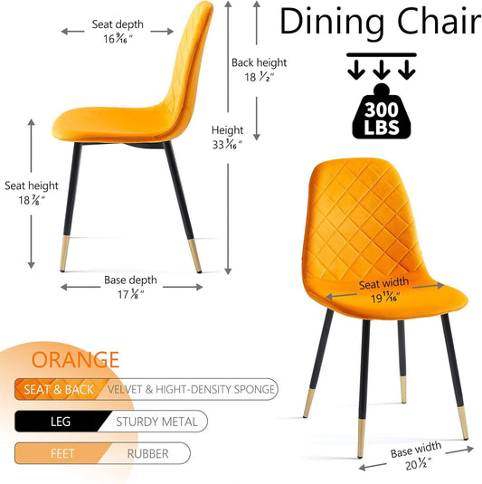 Velvet Dining Chairs Kitchen Plain Color Chair Upholstered Side Stools with Backrest Metal Legs Set of 4, Orange-1