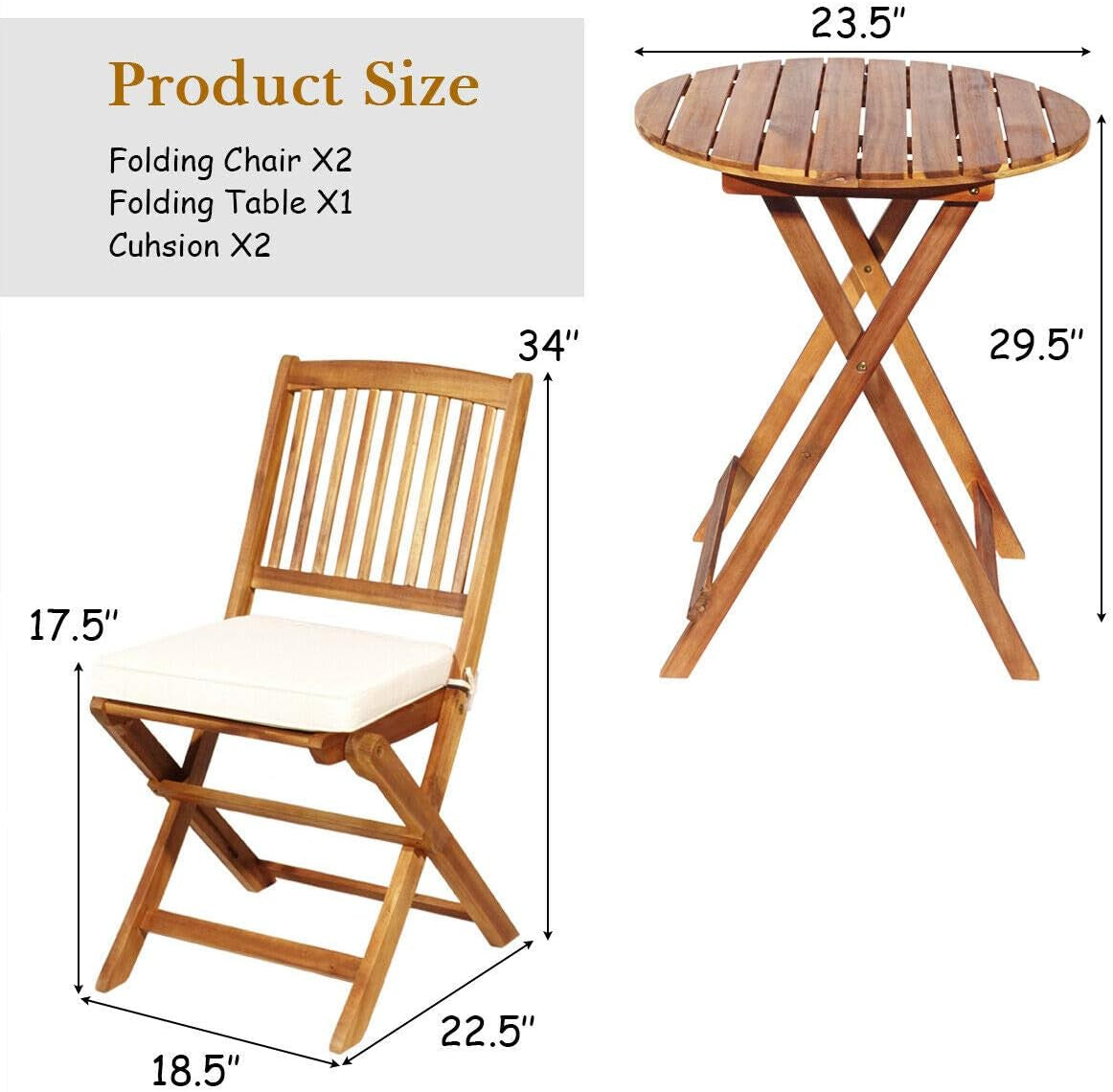 3 PCS Patio Folding Bistro Set, Outdoor Acacia Wood Chair and Table Set W/Padded Cushion& round Coffee Table, Ideal for Indoor Patio Poolside Garden (Cream)-4