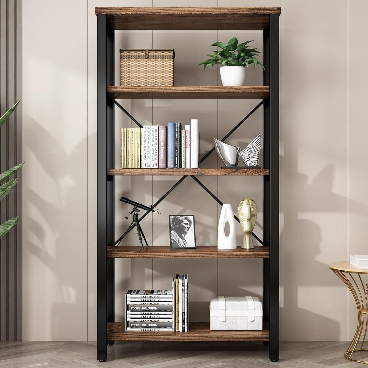 5 Tier Industrial Solid Wood Bookshelf, Open Etagere Bookcase with Metal Frame, Vintage Industrial Style Bookcase/Metal and Wood Bookshelf Furniture (Ay01-5Tier)-4