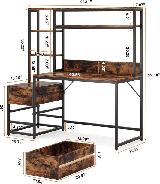 55 Inch Computer Desk with 2 Drawers and Storage Shelves, Rustic Office Desk with Hutch, Study Writing Gaming Table Laptop Workstation for Home Office (Brown)-1