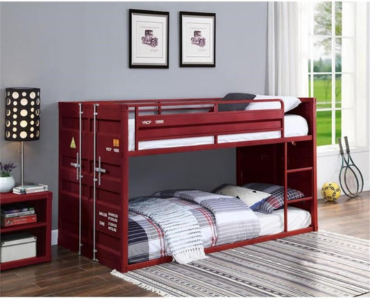 Cargo Twin over Twin Metal Bunk Bed with Ladder and Slat System in Red-1