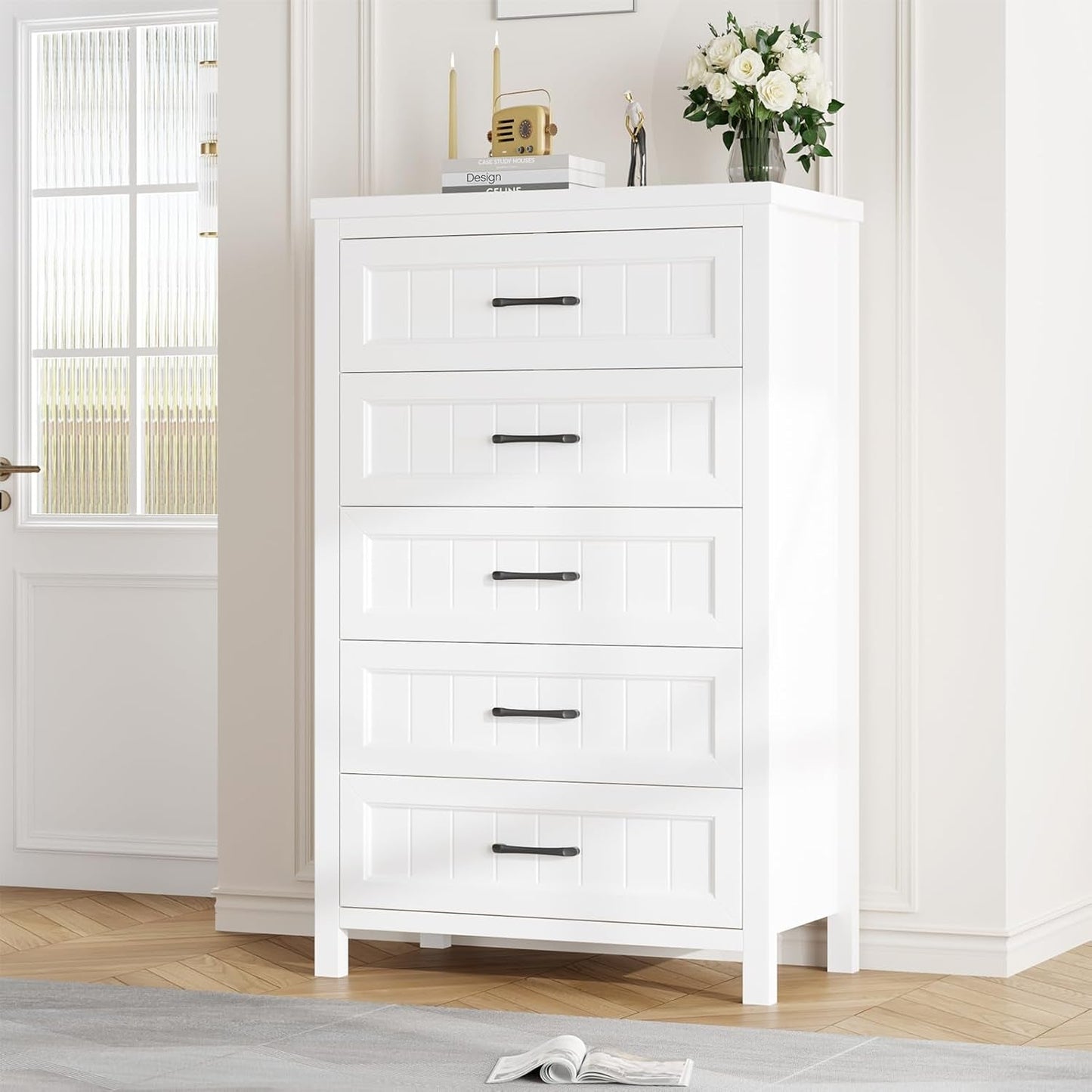 Elegant White Farmhouse 5 Drawer Dresser for Bedroom - Tall Chest of Dresser with Spacious Storage, Solid Wood Construction for Living Room, Hallway & Entryway - White-4