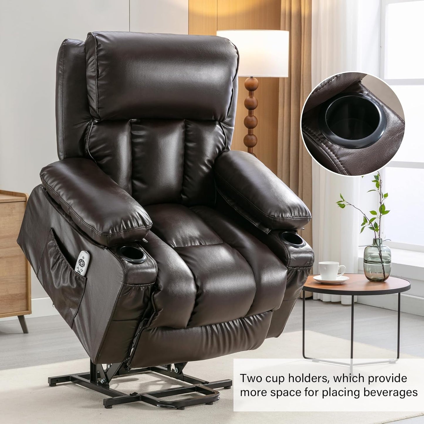 Brown XL Power Lift Recliner Massage Heat Elderly USB-4