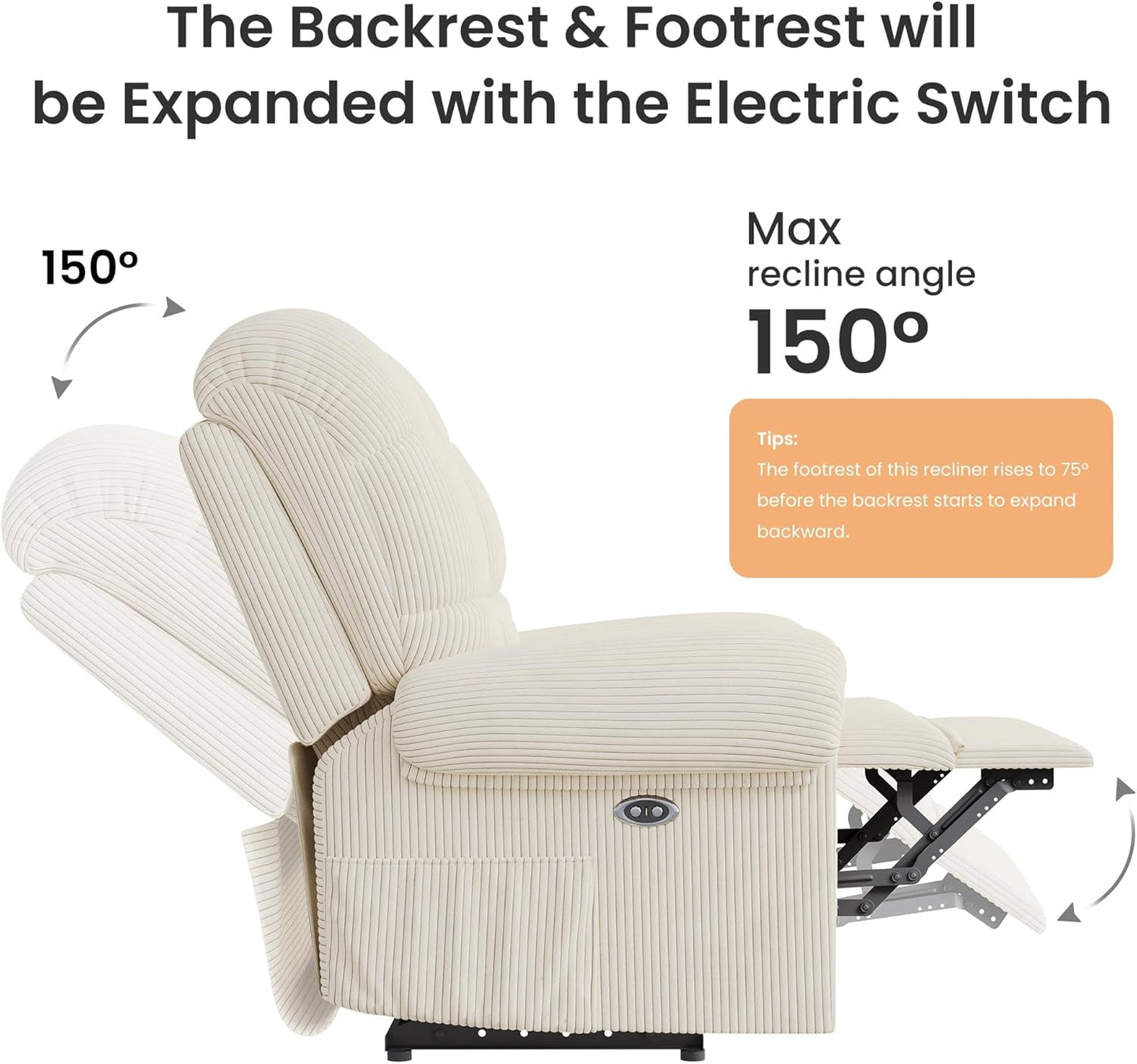 Upgraded 2024 New Power Recliner Chair for Adults, Adjustable Electric Chair Power Reclining Sofa, USB Port, Ultra-Comfy Corduroy Recliner for Living Room, Tool-Less Assembly Single Sofa White-4