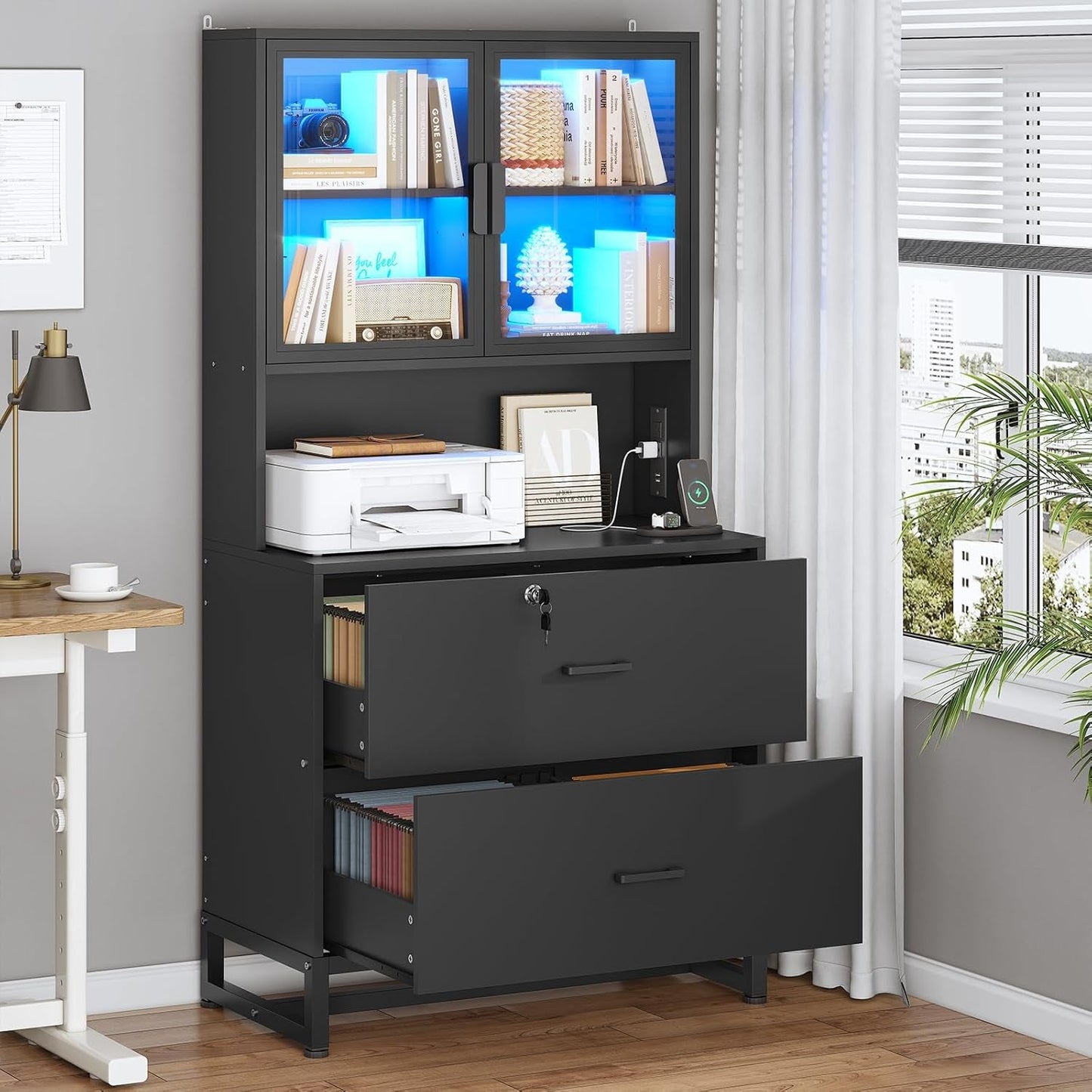 2 Drawer File Cabinet with Lock & Charging Station, Filing Cabinet Fits Letter, Legal, A4 Size, Wood File Cabinets for Home Office with Bookshelf, Printer Stand with Storage Shelf, Black-0