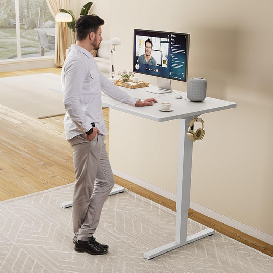 Standing Adjustable Height Desk, Electric 63 X 24 Inch Sit to Stand up Rising Computer Gaming Table with 3 Memory Presets, Splice Board, T-Shaped Bracket Home Office Workstation, White-1