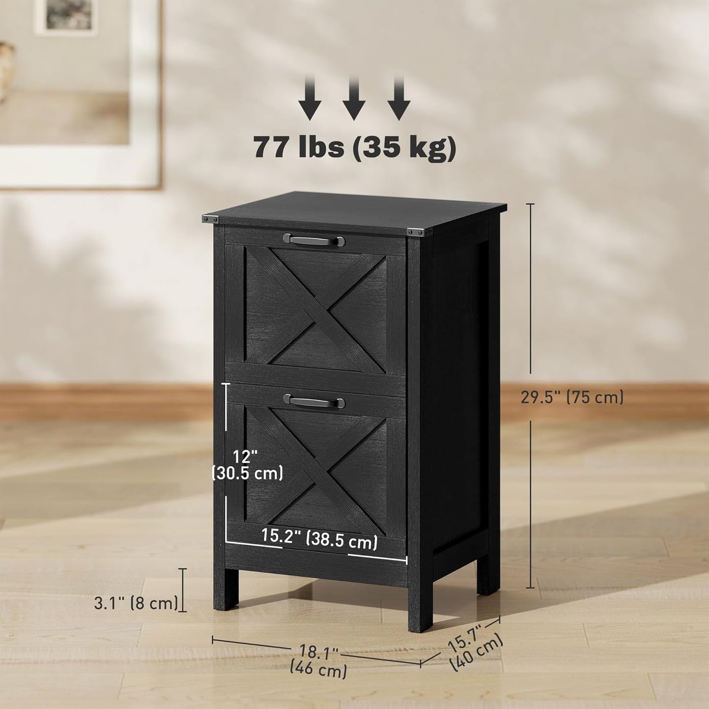 2 Drawer Vertical File Cabinet with Silent Slides, Rustic Farmhouse Filing Cabinet with Barn Doors for A4/Letter Size, Printer Stand with Storage for Home Office, Distressed Black-2