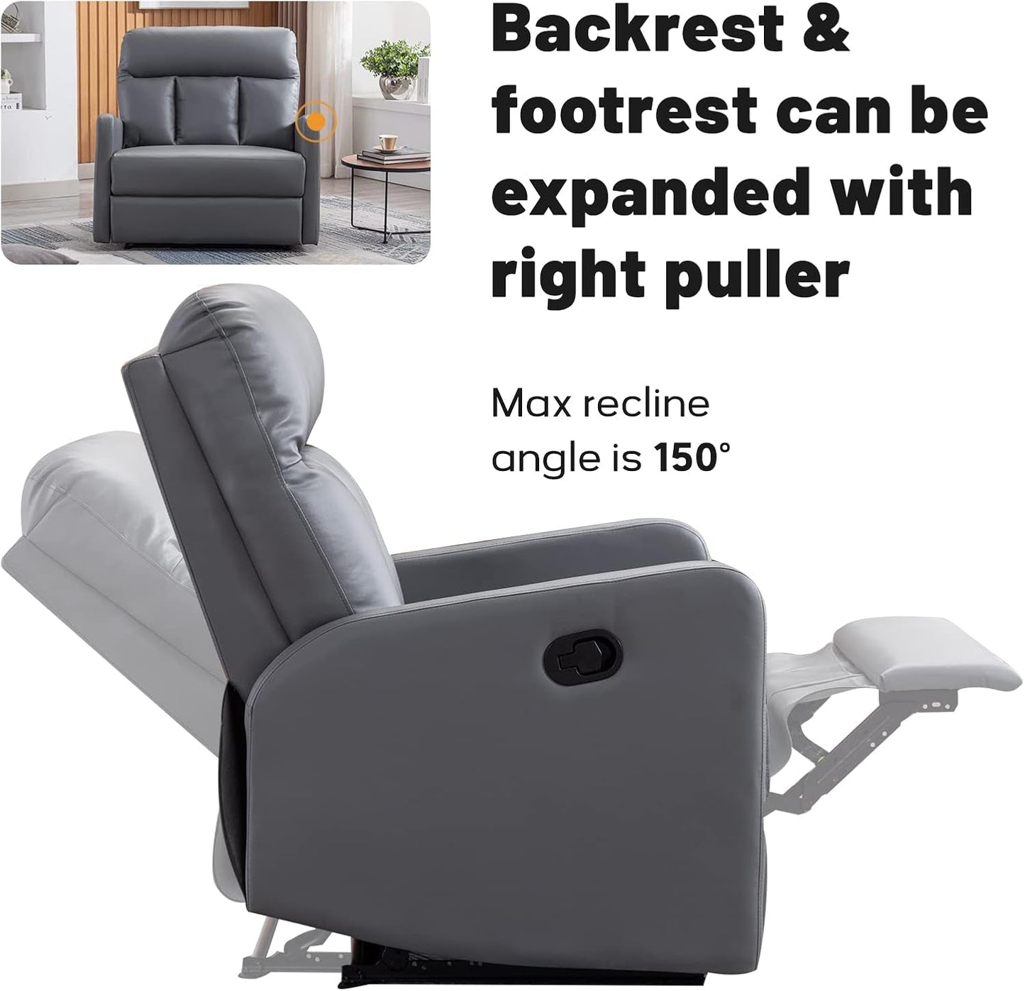 Oversized Wide Recliner Chair Faux Leather 2-Seater Recliners Roomy Manual Reclining Chairs for Living Room, Perfect for Pups to Sit Together, Grey-2