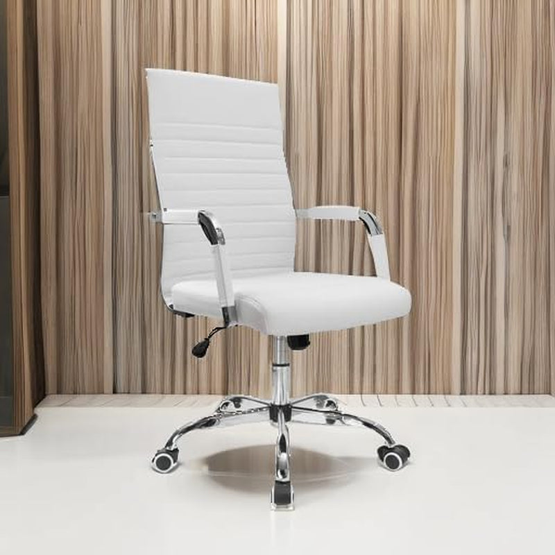 Ribbed Office Desk Chair Mid-Back PU Leather Executive Conference Task Chair Adjustable Swivel Chair with Arms (White)-4