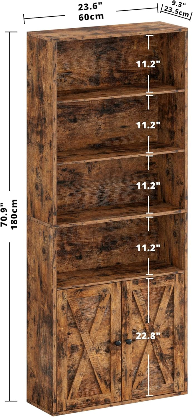 Industrial Bookshelves and Bookcases with Doors Floor Standing 6 Shelf Display Storage Shelves 70 in Tall Bookcase for Home Office, Living Room-2