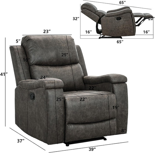 Leather Recliner Chair, Classic and Traditional Manual Recliner Chair with Overstuffed Arms and Back, Manual Single Sofa with Concealed Cup Holders,Grey-1