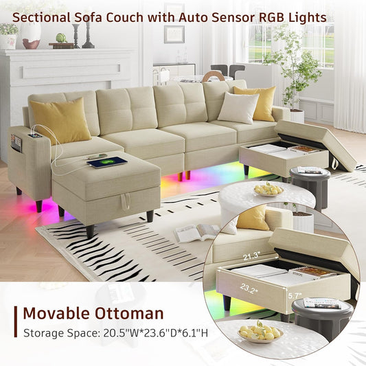 LED Sectional Couches for Living Room, Modular Sectional Sofa Set with Storage Ottomans, Oversized U Shaped Sofa Couch with Auto Sensor RGB Lights and Charging Station (Beige)-1