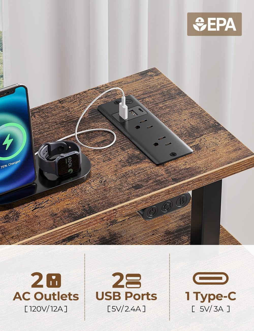 Computer Desk with Power Outlets & LED Light, 47 Inch Home Office Desk with 3 Drawers and Storage Shelves, Writing Desk with Monitor Stand, Work Study Desk for Home Office,Rustic Brown-4