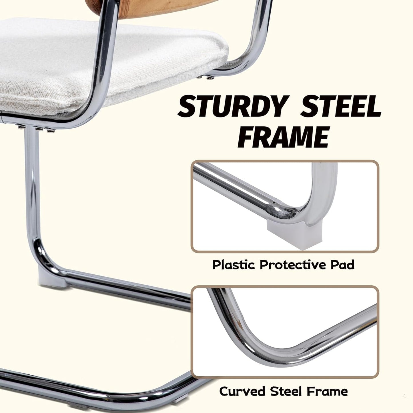 Modern Cesca Cane Dining Chairs, Set of 2, Handwoven Rattan Cane Back, Chrome Base, Upholstered Boucle Seat, Ideal for Kitchen or Dining Room, White-4