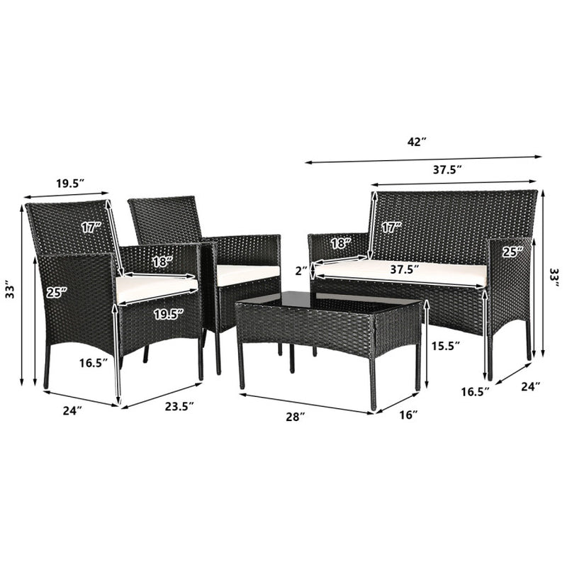 4 Pieces Patio Rattan Cushioned Sofa Set with Tempered Glass Coffee Table-2