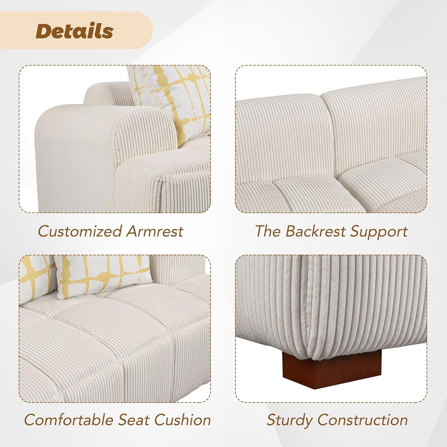 103.9" Living Room Sofa Set, Modern Couch Corduroy Fabric Comfy Sofa with Rubber Wood Legs, 4 Pillows for Living Room/Bedroom/Office, Beige-2