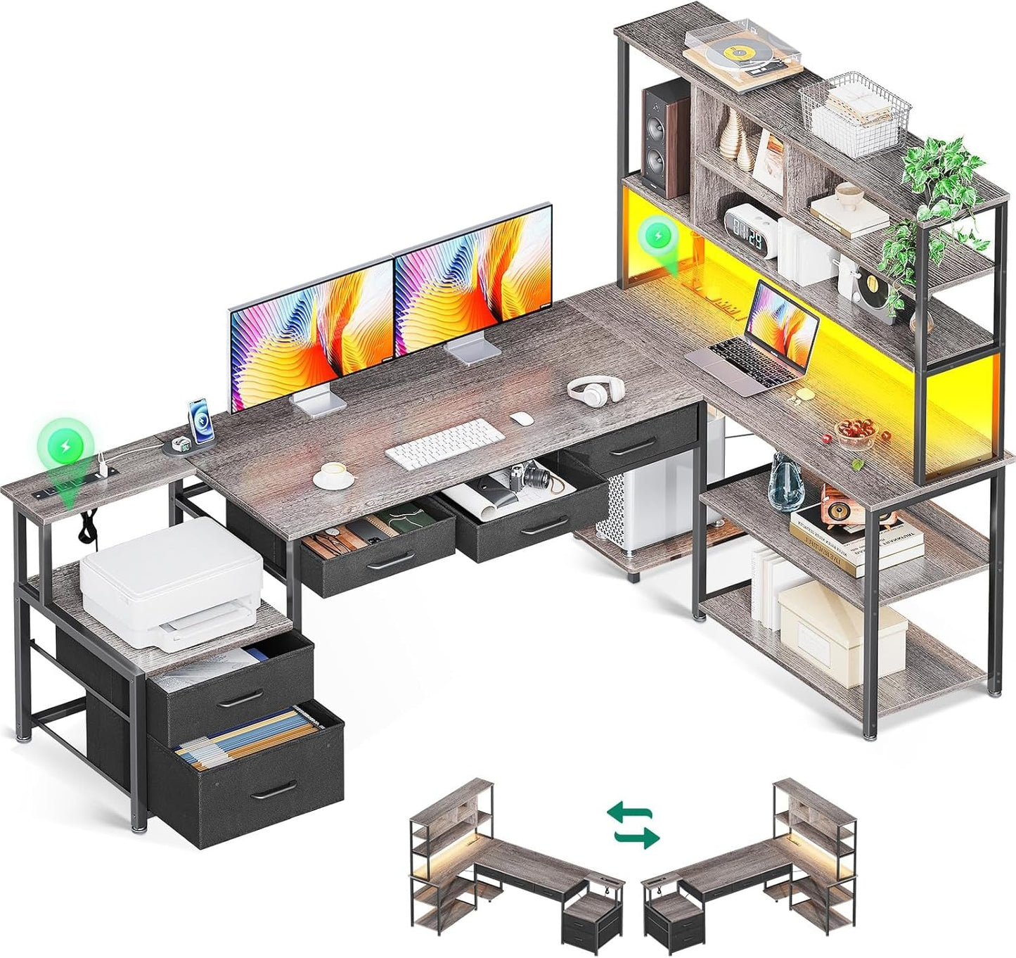 79 Inch L Shaped Desk with File Drawers, Reversible L Shaped Gaming Desk with Power Outlets & LED Lights, Computer Desk with Storage Shelves for Home Office, Grey Oak-0