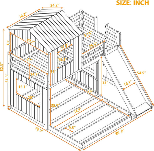 Twin over Full Bunk Bed Frames Loft Bed with Slide, House Roof, Window and Safety Guardrails for Boys or Girls, White-1