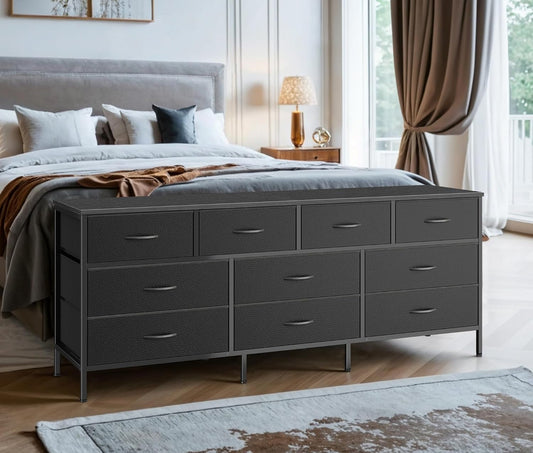 63 Inch TV Stand Dresser for Bedroom, Long Dresser with 10 Fabric Drawers, TV Stand for 55, 65, 70 Inch TV, Entertainment Center, Wide Chest of Drawer, Black-1