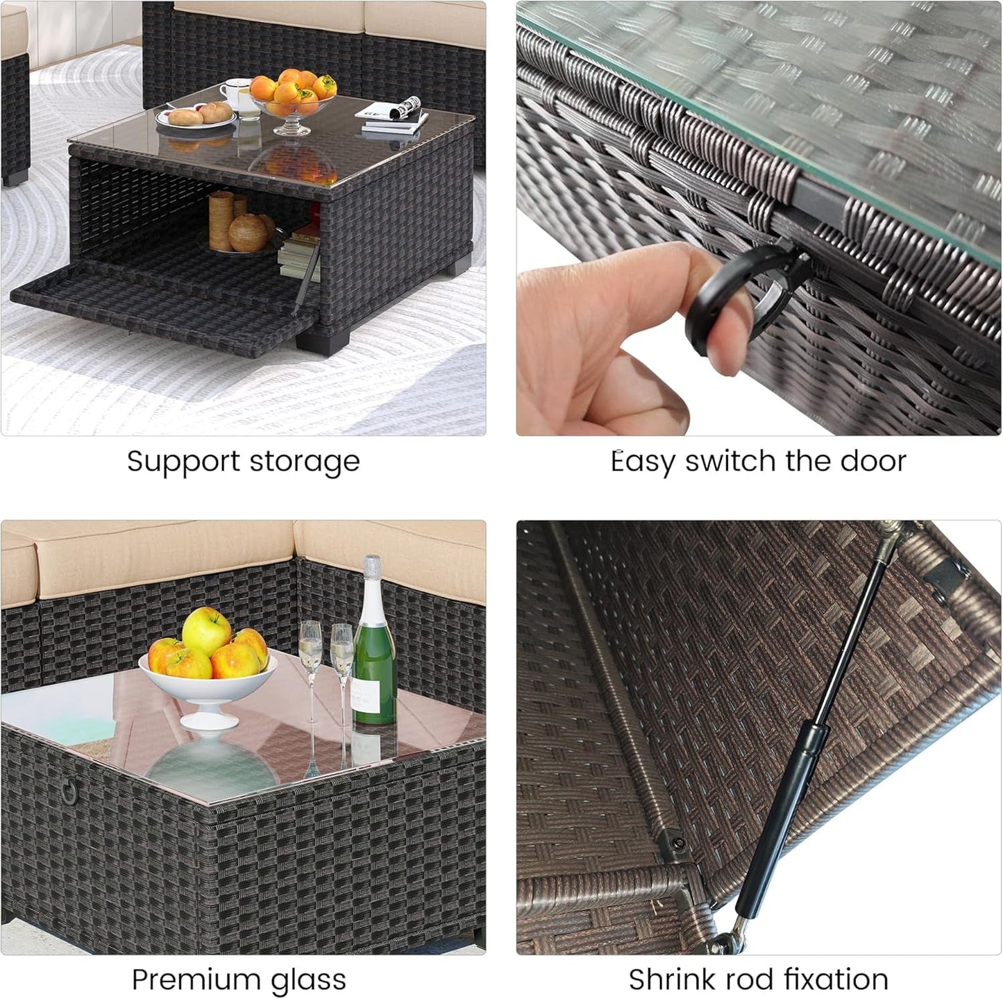 Outdoor Daybed with Canopy,6 Pieces Patio Furniture Sets Adjustable Backrest PE Gradient Wicker Sectional Furniture Set with Tempered Glass Side Table-3