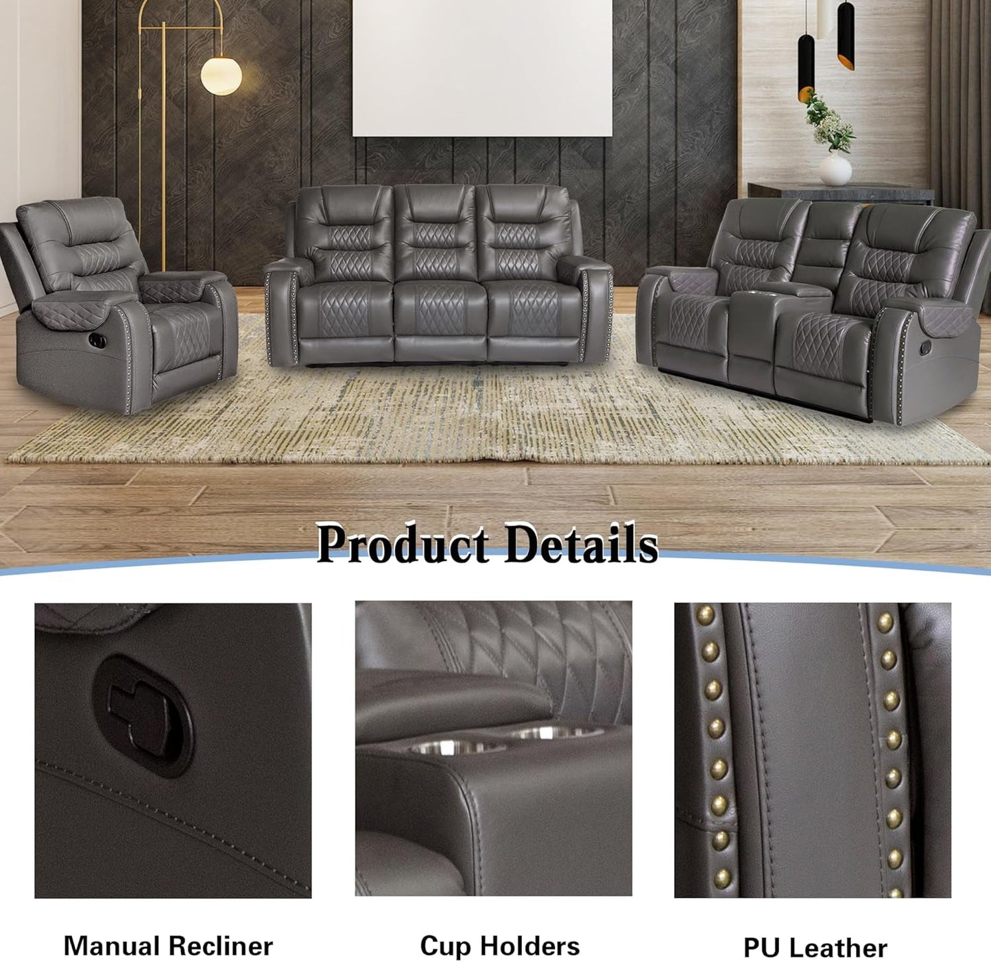 PU Leather Sofa Set, 3 Pieces Living Room Set with Cup Holders, Manual Recliner Sofa &Loveseat & Chair, Gray-4