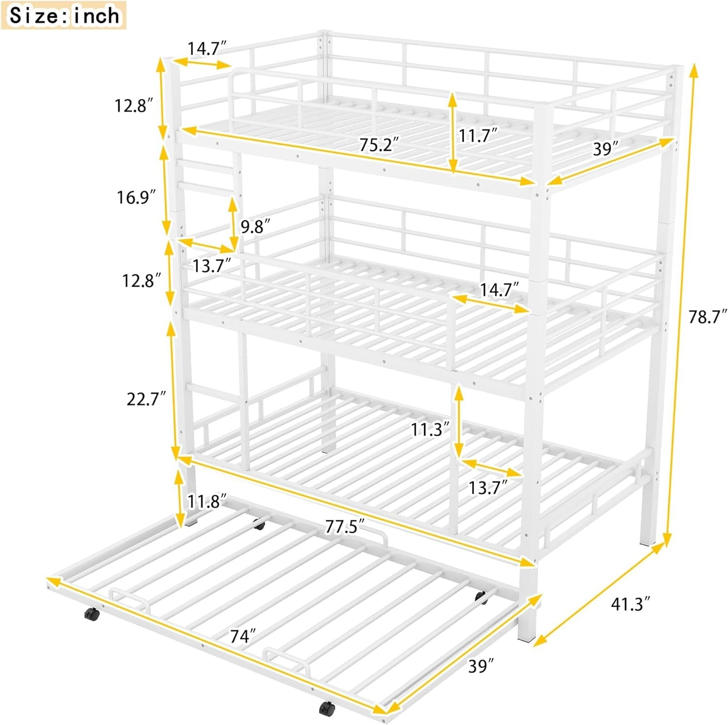 Metal Triple Bunk Bed Twin over Twin over Twin, Triple Bunk Bed with Trundle, 3-Tier Bunk Bed with 2 Ladders and Guardrails, Triple Bunk Beds for Kids(White Twin)-4