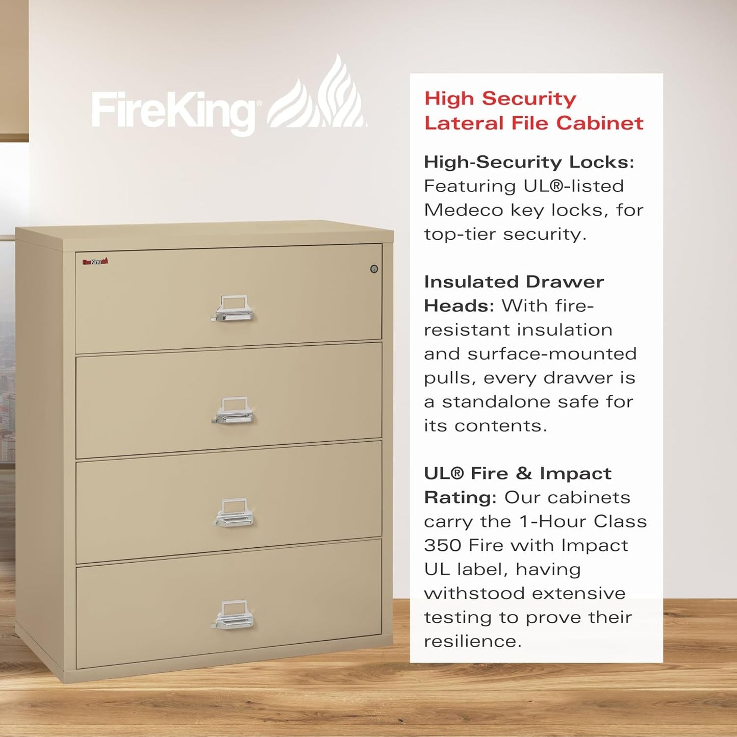Lateral 4 Drawer Legal and Letter Fire Safe File Cabinet with Key Lock, 1 Hour Fire Rated, UL Rated & Water Resistant Home Safe, Filing Cabinet, Made in the USA, Parchment-2