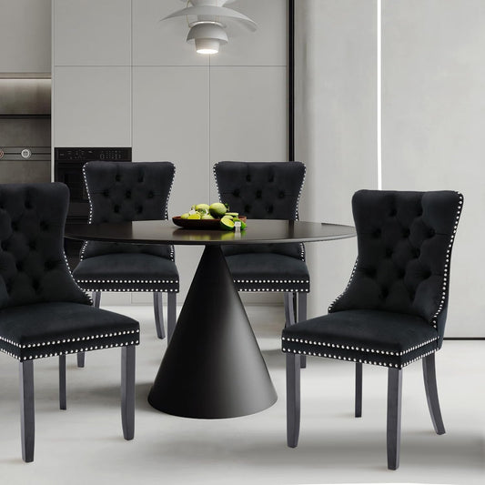 Velvet Upholstered Dining Chairs Set of 4, Modern Style Kitchen Side Chairs with Nailhead Trim and Wood Legs,Metal Pulling Ring for Dining Room Living Room(Black,Set of 4)-1